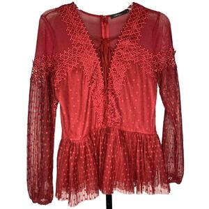 Fairy Women's Whimsy‎ Sheer Lace Romantic Size small Blouse Red Zip-Up Back BKE